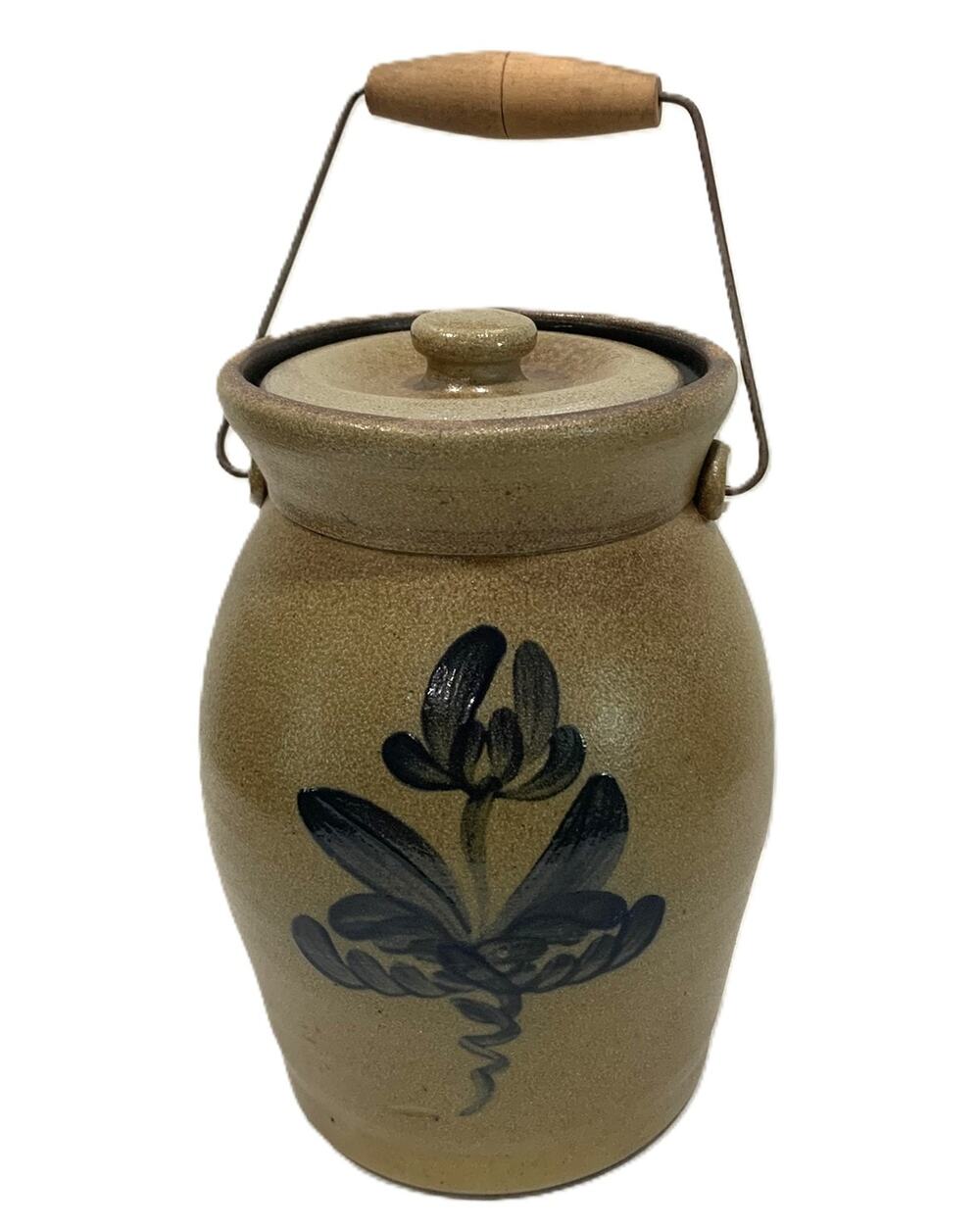 1998 Rowe Pottery Works Salt Glazed Floral Crock Vase 9” Vintage Collectible